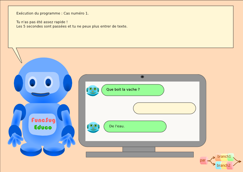 image 2 du carrousels : FuncSug Educo, le robot bleu, se tient près d'un écran d'ordinateur. Il explique le cas où tu n'as pas été assez rapide.